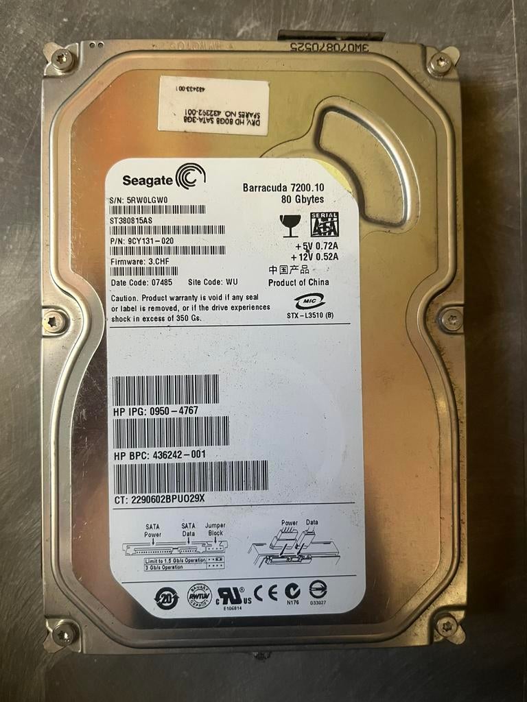 Seagate Barracuda 7200.10 80GB SATA Harde Schijf, Computers en Software, Harde schijven, Ophalen, Intern, Gebruikt, Seagate
