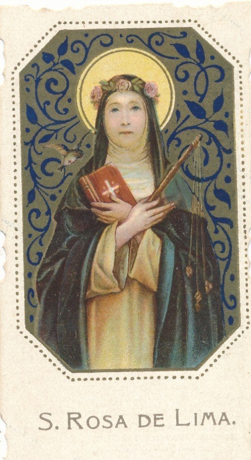 1 Mooie devotie prentjes Rosa de Lima en Benedictus, Ophalen of Verzenden, Zo goed als nieuw, Kaart of Prent, Christendom | Katholiek