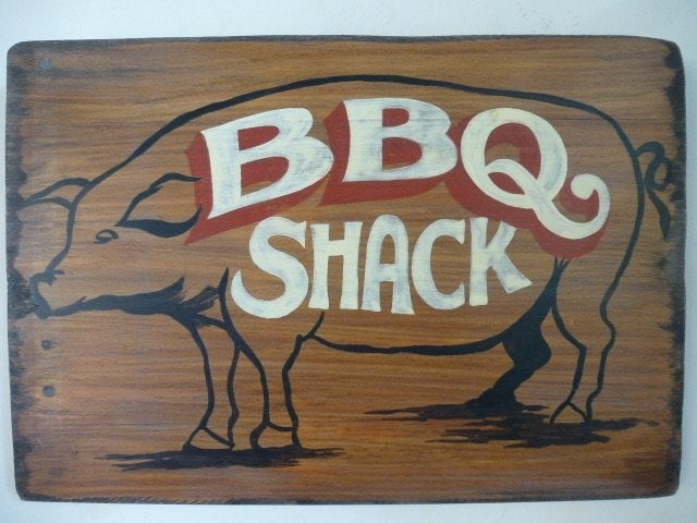 Vintage houten reclame bord/slagerij/varken/barbecue/bbq, 33 cm, Hout, Ophalen of Verzenden, B6