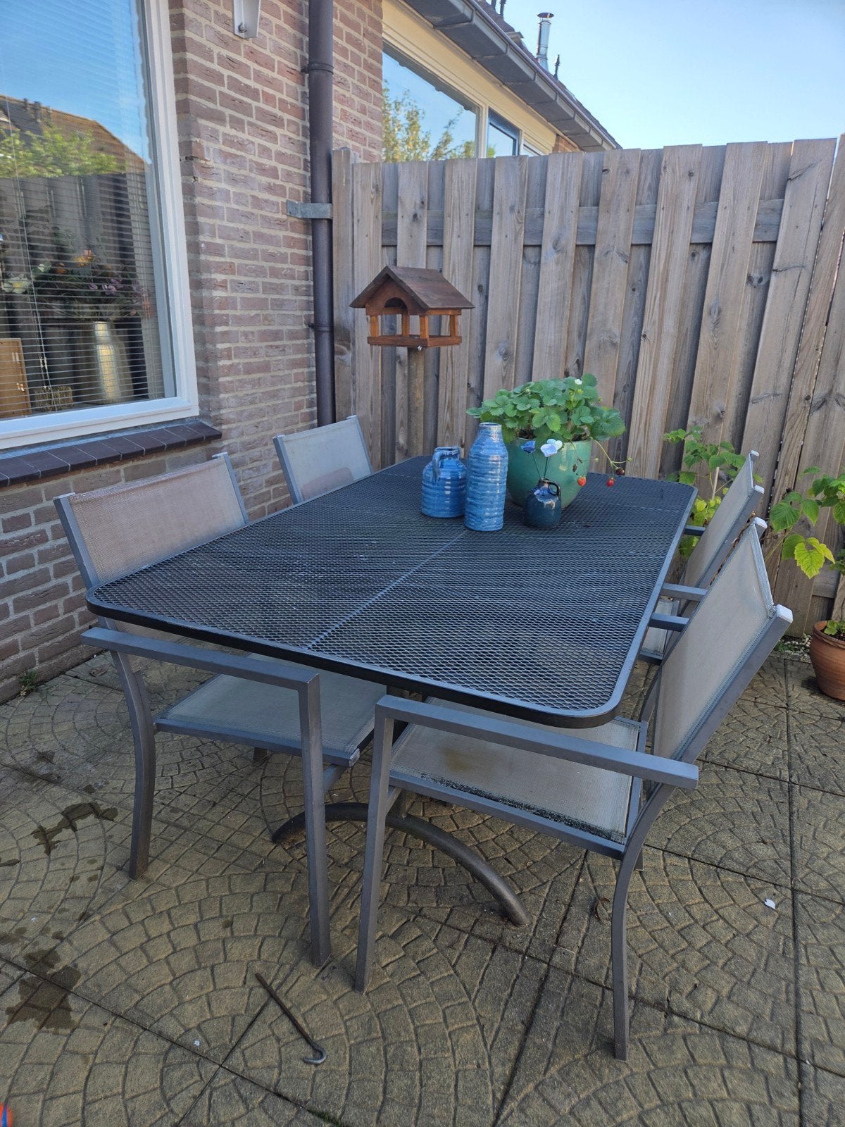 Metalen tuintafel met 4 stoelen, Tuin en Terras, Ophalen, Gebruikt, Rechthoekig, Metaal