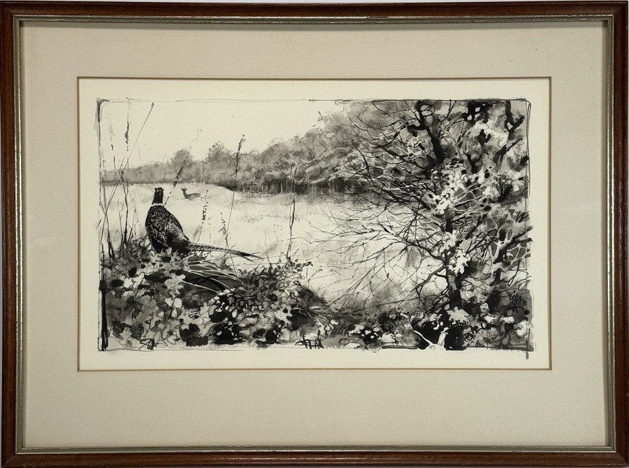 1098. Aquarel, Rien Poortvliet – fazant en hert,  20e eeuw, Antiek en Kunst, Ophalen of Verzenden, Achter glas, Aquarel, Dieren