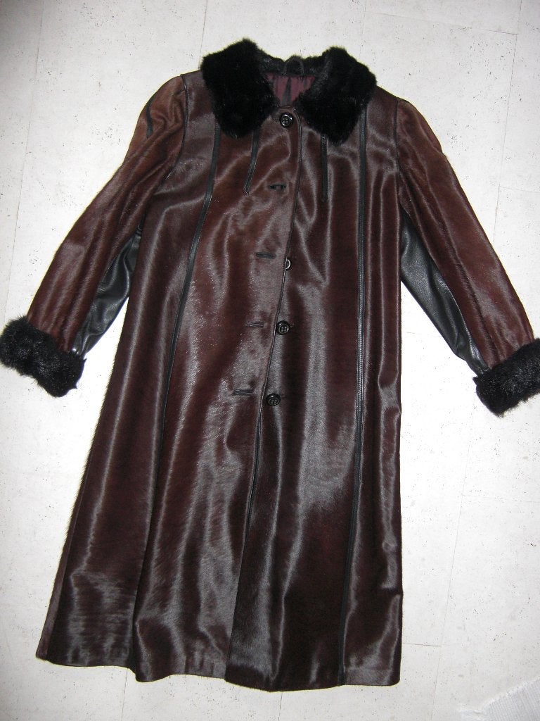 vintage bontjas jaren '70 veulenbont met zwart leer en bont, Kleding | Dames, Ophalen, Bruin, Maat 42/44 (L), Zo goed als nieuw