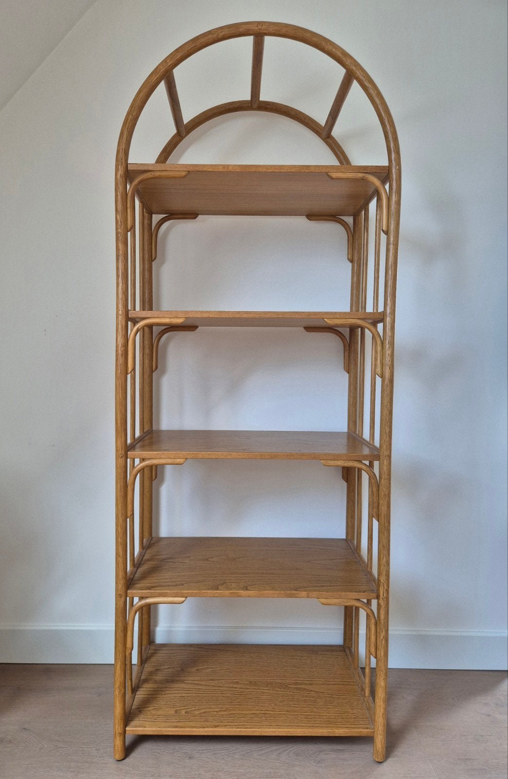Rotan (manou) Eiken Boogkast boekenkast met 5 p, Ophalen, Met plank(en), Vintage, Bohemian, Rotan, 50 tot 100 cm