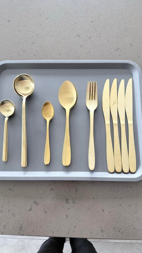 Gouden bestekset - 4 personen, Gebruikt, Ophalen of Verzenden, Rvs of Chroom, Vaatwasserbestendig