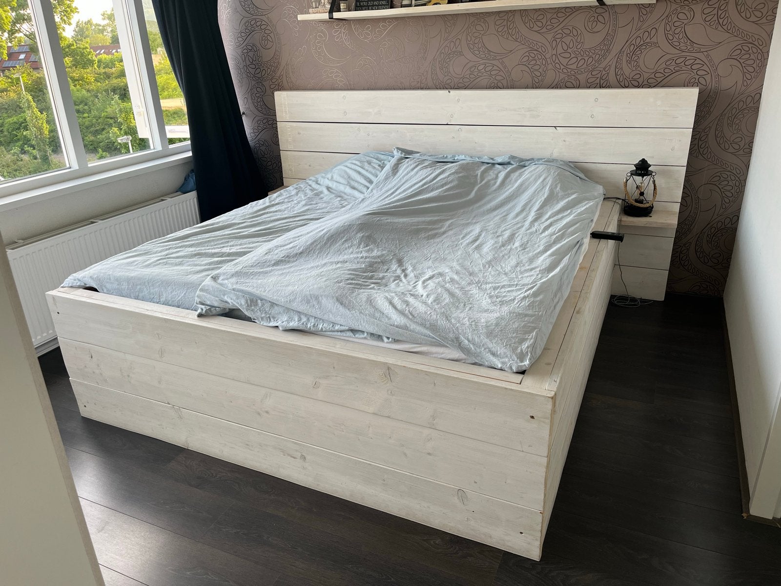 Steigerhouten bedombouw met hoofdbord, Ophalen, Gebruikt, Steigerhout, Tweepersoons