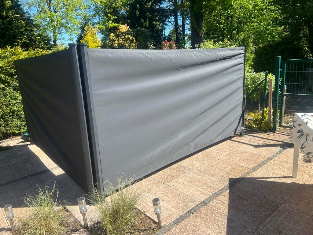 Uittrekbaar windscherm 1.50 hoog x 6.00 m, Tuin en Terras, Ophalen, Aluminium, Zo goed als nieuw, 200 cm of meer