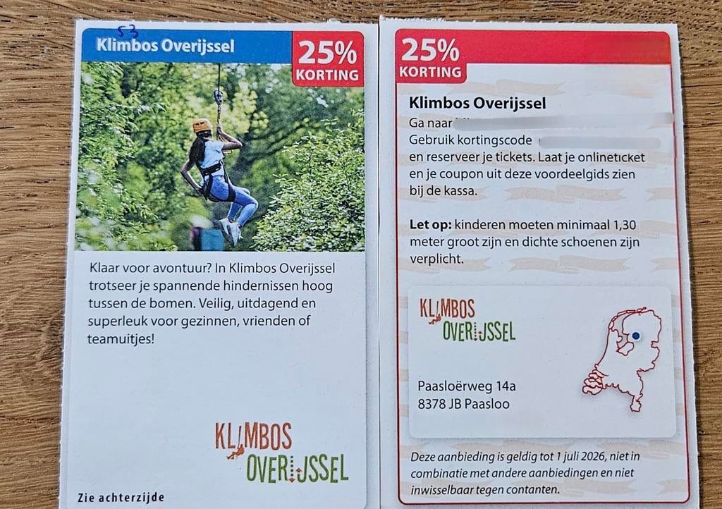 Klimbos Overijsel. 25% korting., Drie personen of meer, Kortingskaart
