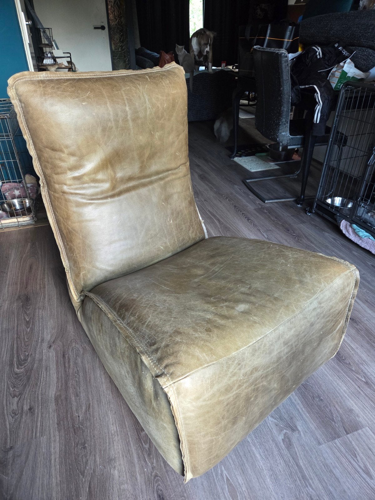 Chill Line Designer Schommel / Relax Stoel Olijfgroen Leer, Huis en Inrichting, Gebruikt, Ophalen of Verzenden, 50 tot 75 cm, Designer, Modern, Industrieel