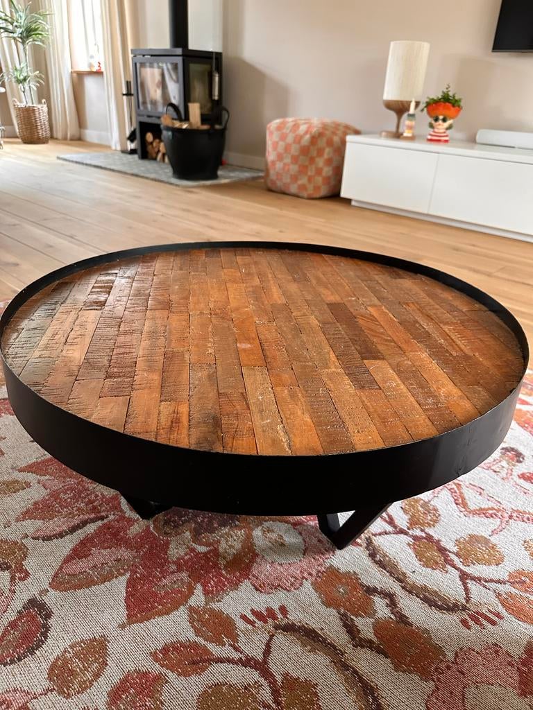 Salontafel rond Woood met 4 poten, Huis en Inrichting, Tafels | Salontafels, Ophalen, Gebruikt, Rond, 50 tot 100 cm