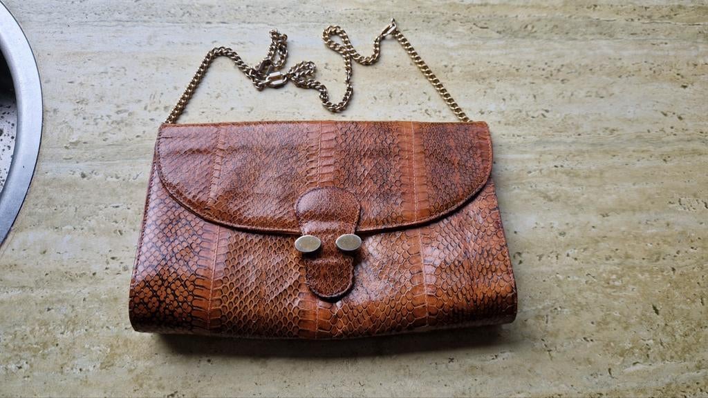 Chique slangenleer damestas, Sieraden, Tassen en Uiterlijk, Tassen | Damestassen, Ophalen of Verzenden, Zo goed als nieuw, Bruin