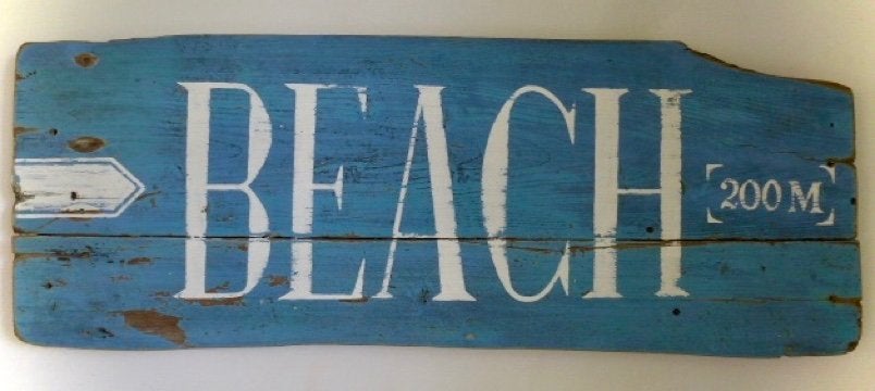 Handgeschilderd houten tekstbord / Beach / zee / strand, Boho, 26 cm, Hout, Decoratieobject