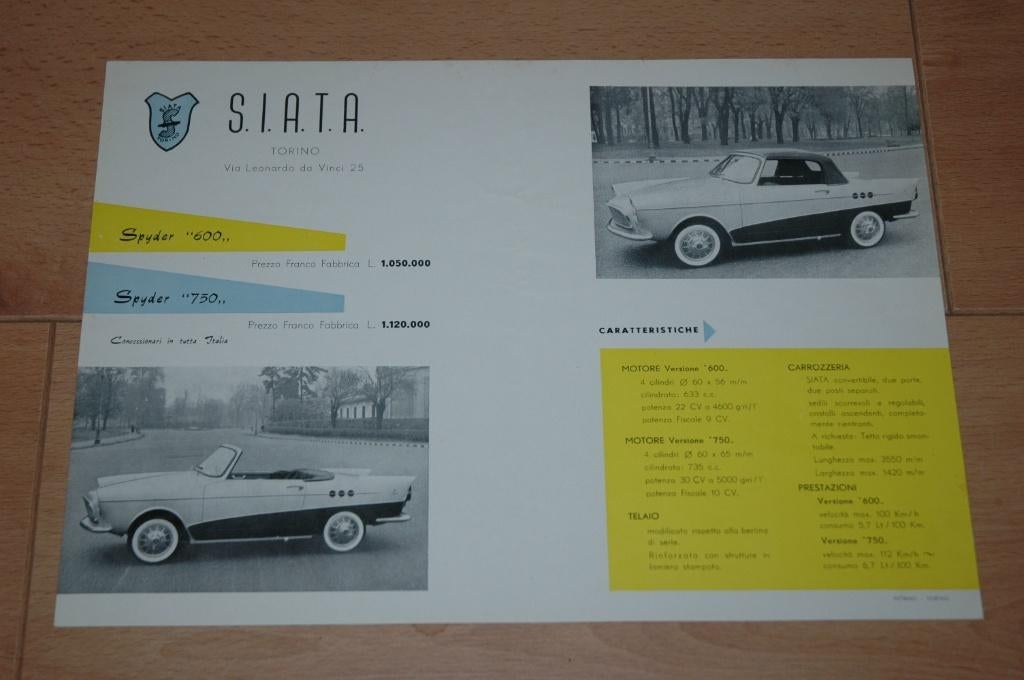 Siata Spydser 600 en Spyder 750 - Folder - Brochure, Gelezen, Ophalen of Verzenden, S.I.A.T.A., Overige merken