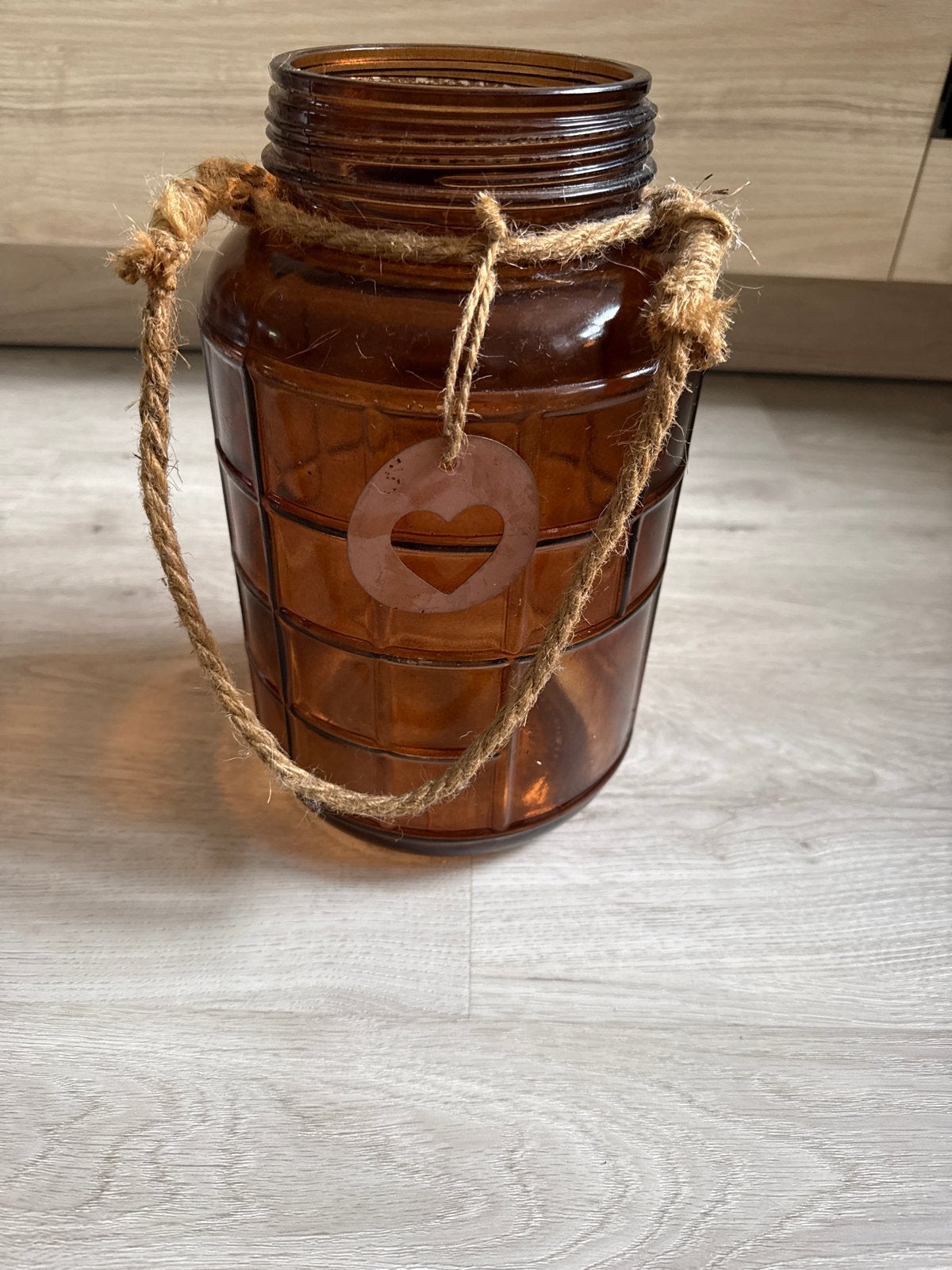 Windlicht bruin glas met touw en hartje, Ophalen, Windlicht, Gebruikt, Bruin