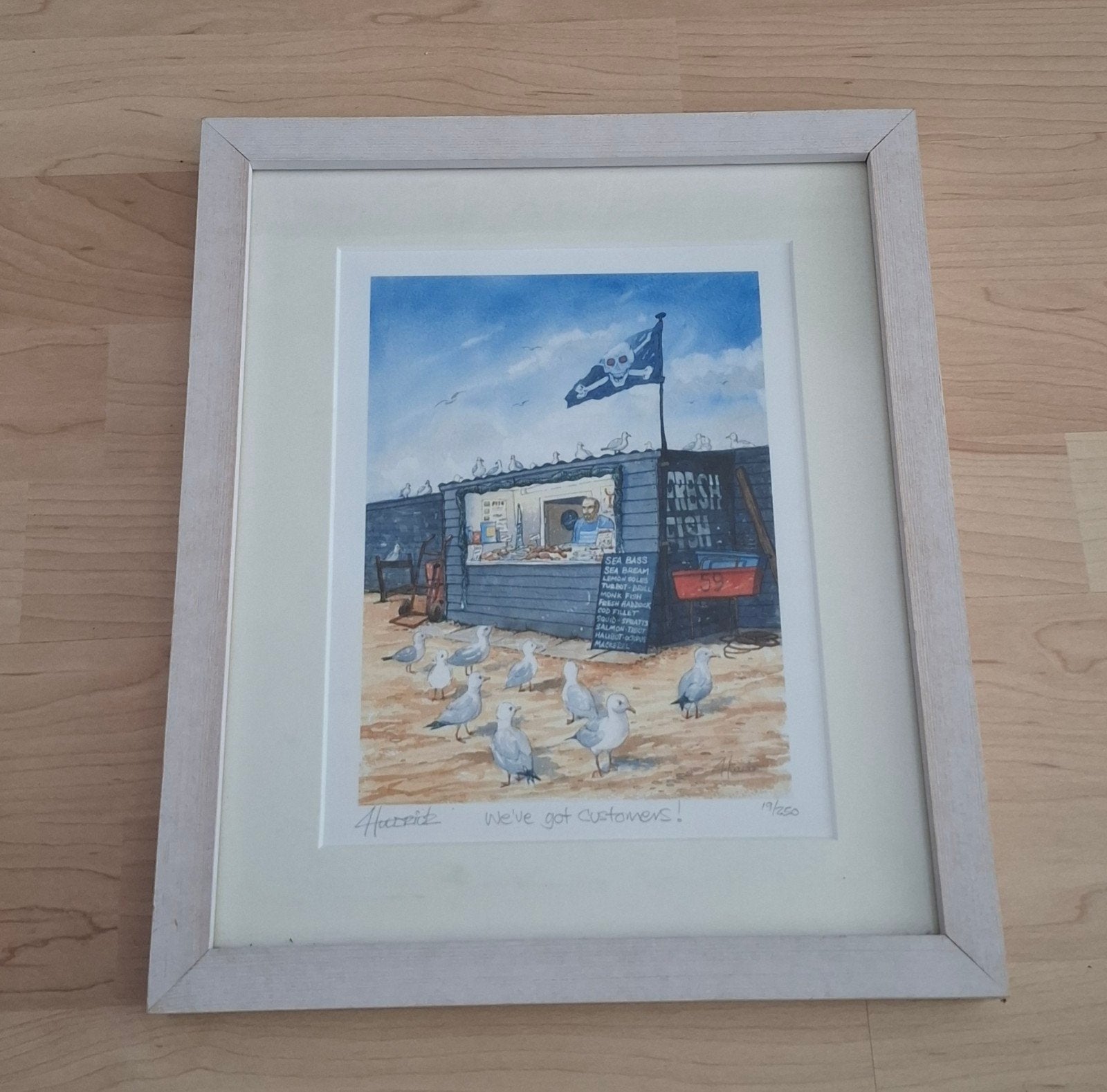 Ingelijste print 'We've got customers!' van H. Huldrick, Antiek en Kunst, Ophalen of Verzenden, Print, Prent, Genummerd