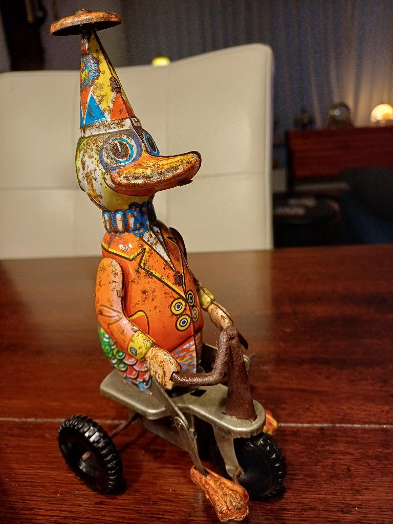 Blikken eendje op fiets, opwindspeeltje, made in China, Ophalen