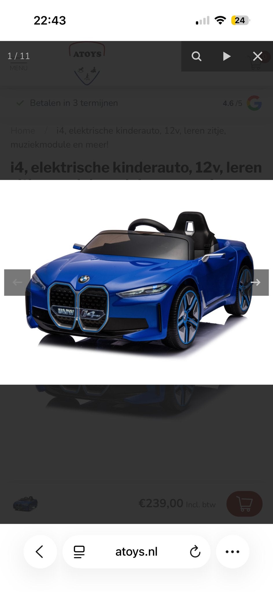 BMW i4 Elektrische Kinderauto 12V met Leren Zitje, Ophalen, Nieuw, Loopvoertuig