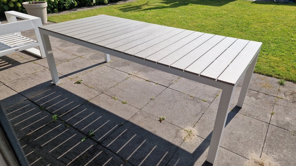 Design Tuintafel 6 persoons wit met grijs blad 220x100x75, Tuin en Terras, Tuintafels, Ophalen, Nieuw, Rechthoekig, Aluminium