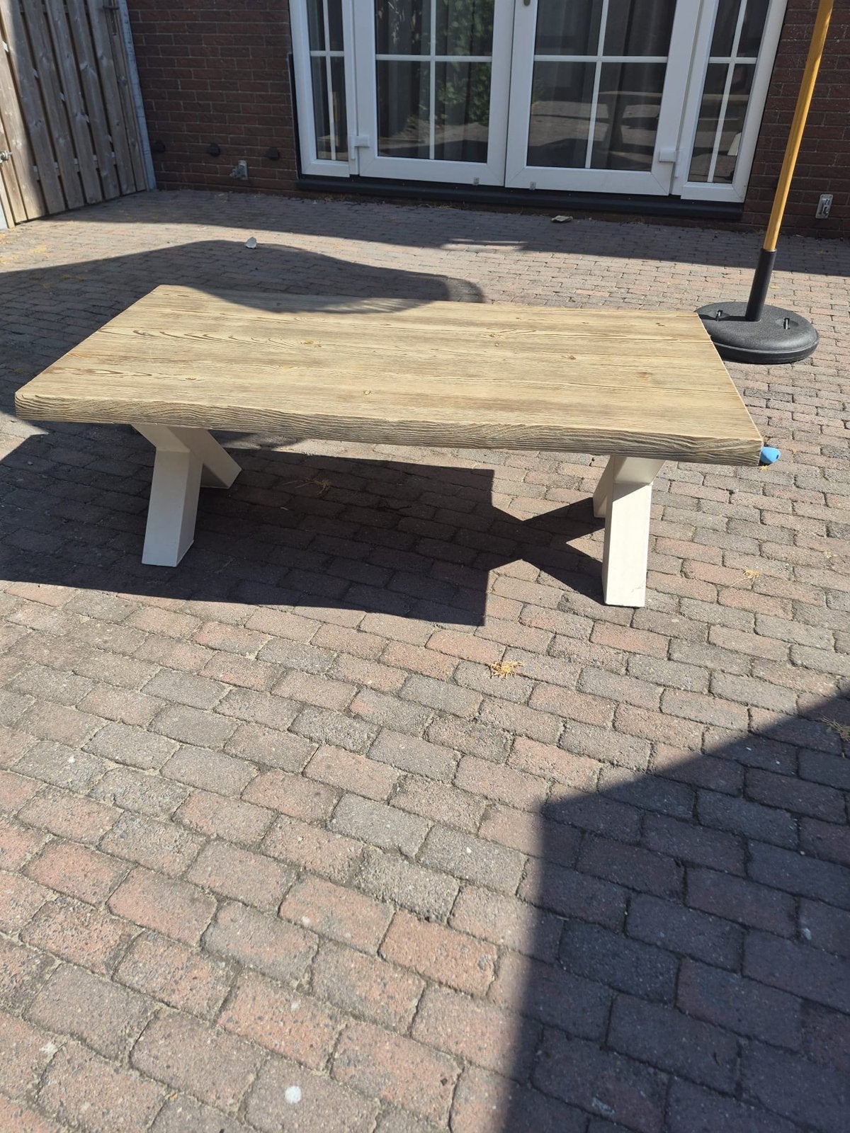 Salontafel Haco met massief Old Pine blad en stalen poten, Ophalen, Gebruikt, 100 tot 150 cm, Overige houtsoorten