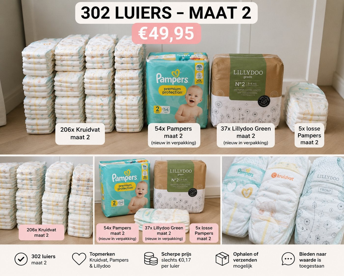 302 luiers pampers/ lillydoo / krudivat op=op, Ophalen of Verzenden, Nieuw