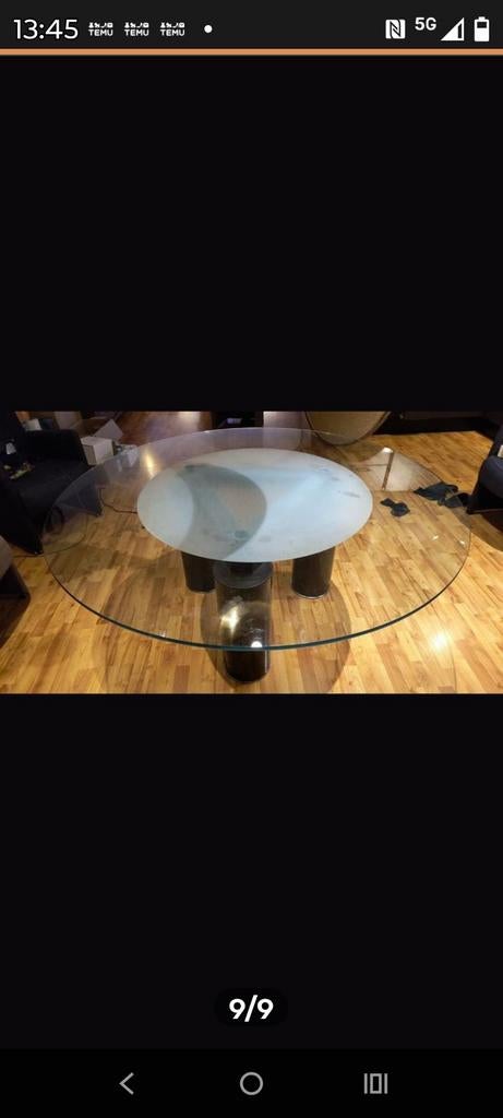 Glazen eettafel met een houten blad erbij metalen onderstel, Huis en Inrichting, Modern design, Gebruikt, 150 tot 200 cm, Rond