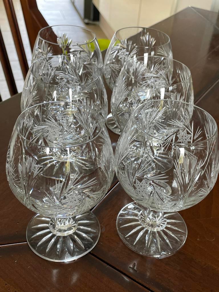 6 Cognac Glazen Echt Kristal Pinwheel Design, Ophalen of Verzenden