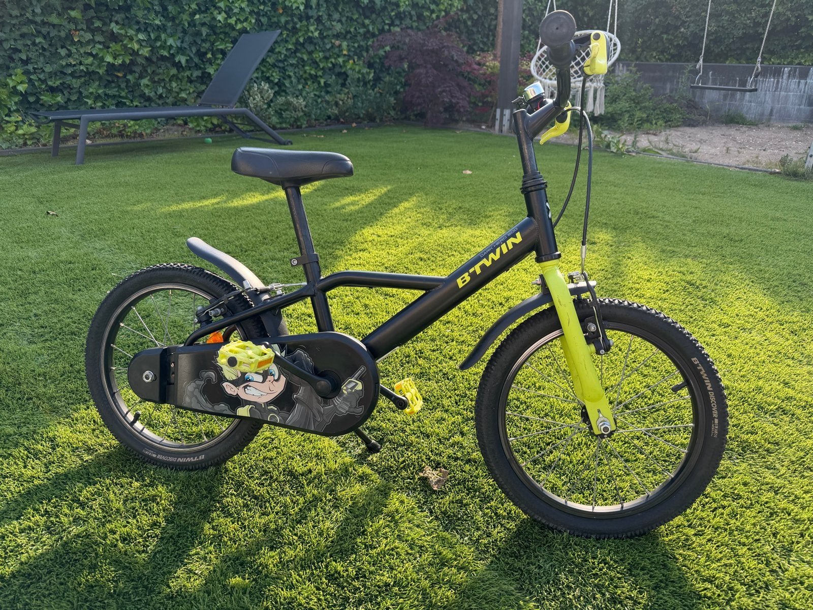 BTWIN kinderfiets 16 inch - Zwart/Geel, Ophalen, Gebruikt, Velgrem, 16 tot 20 inch