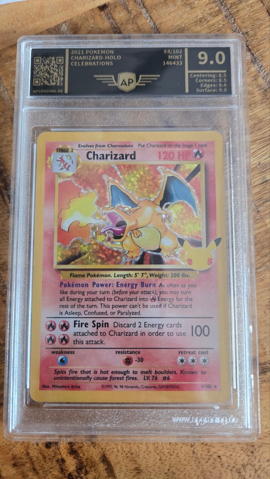 Pokémon Charizard Holo Celebrations 2021 AP Graded 9.0, Ophalen of Verzenden, Zo goed als nieuw, Losse kaart, Foil