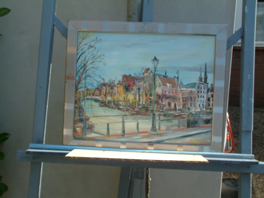 stads gezicht  met haven 40 x 50 cm, Doek, Ophalen of Verzenden, Olieverf, Klassiek