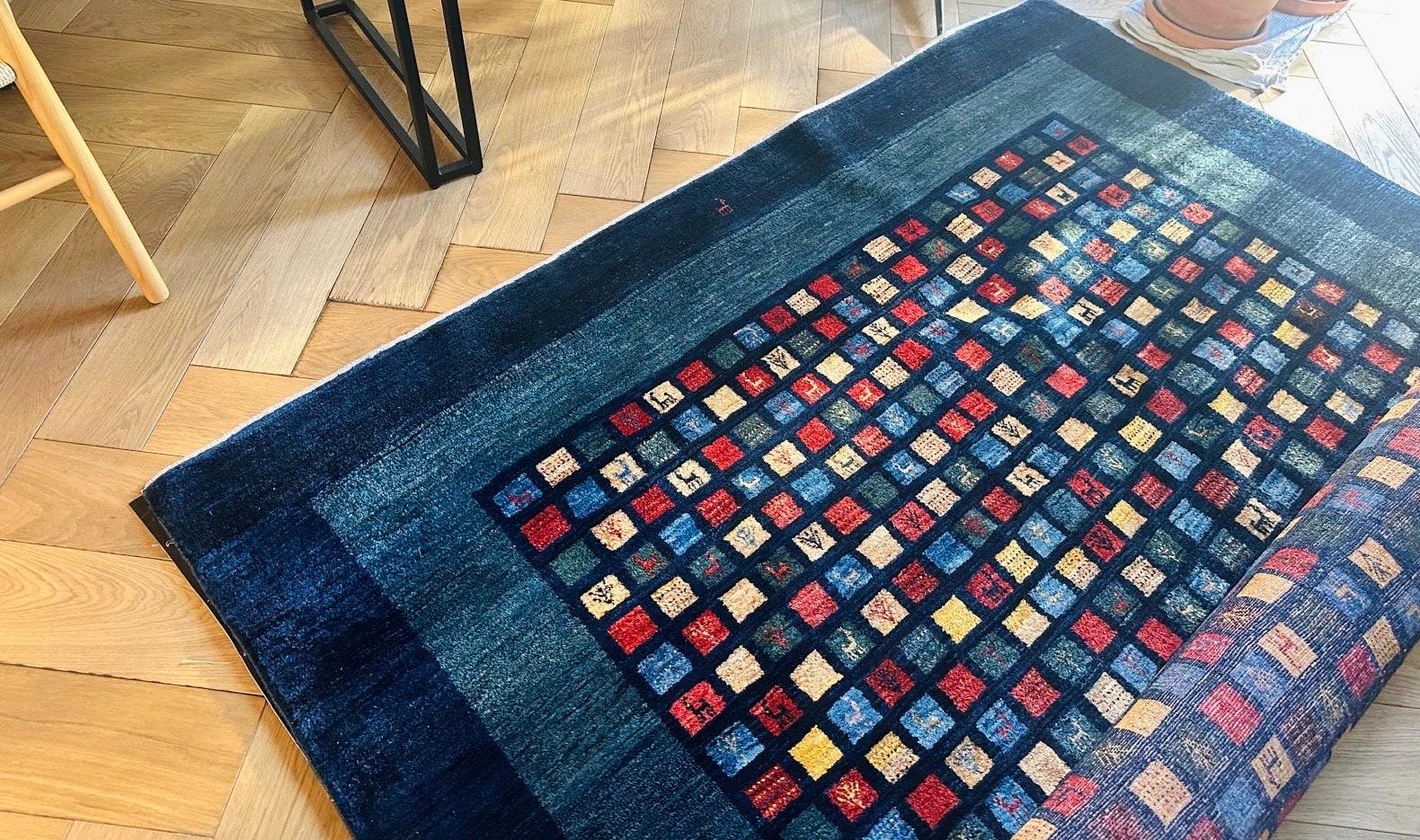 Perzisch Gabbeh tapijt, 200x260cm, wol, professioneel gerein, Blauw, Ophalen of Verzenden, Zo goed als nieuw, 200 cm of meer