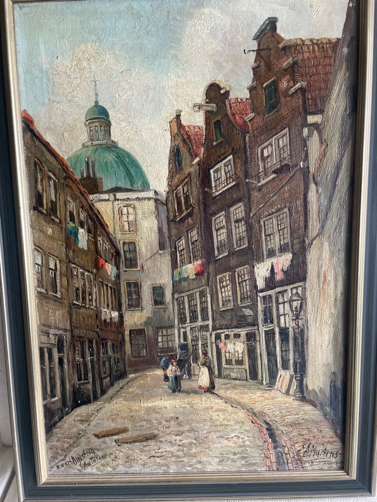 Olieverfschilderij Zwart Bijlsteeg Amsterdam van A. Martens, Ophalen of Verzenden
