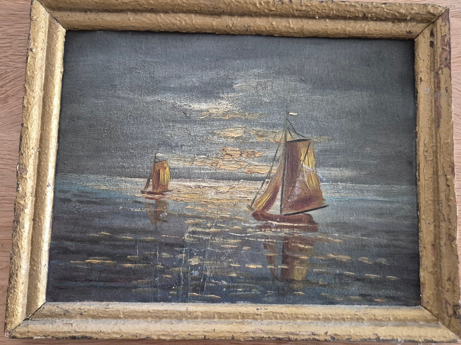 Oud schilderijtje met boten, inclusief lijst, Ophalen of Verzenden