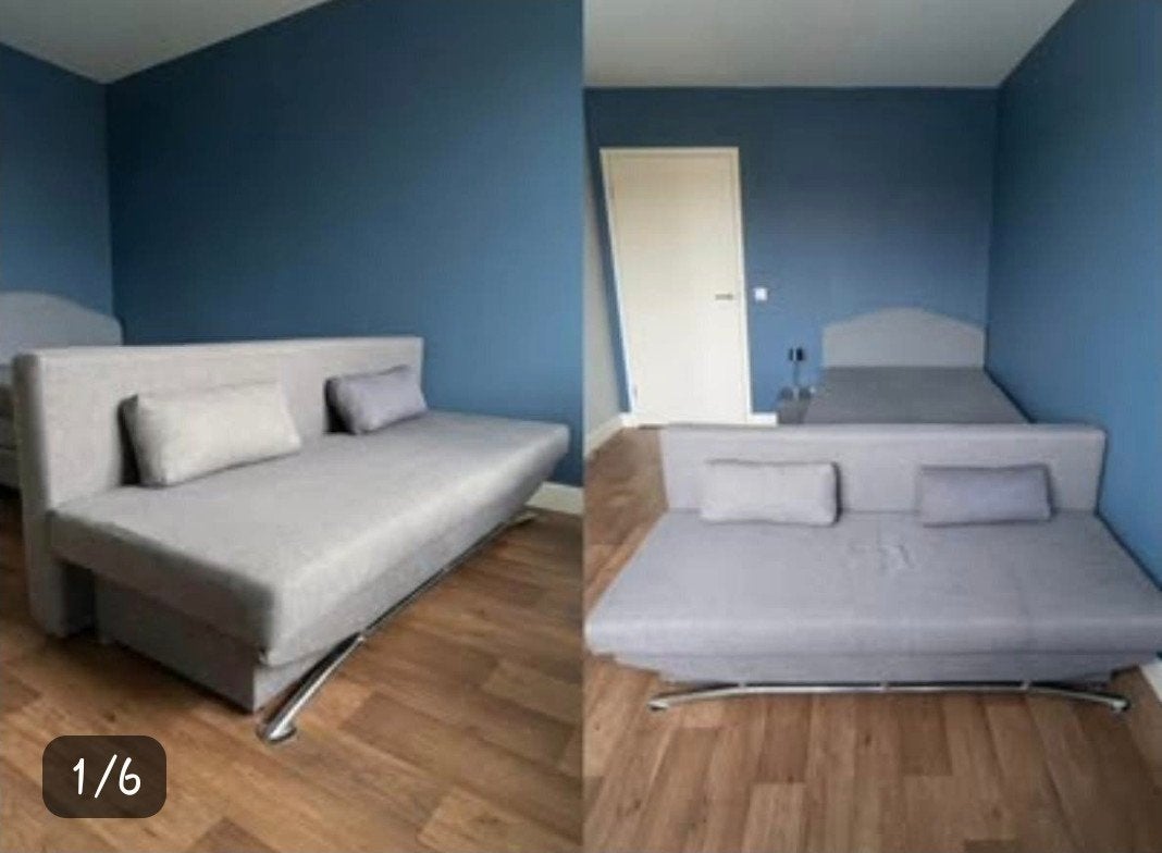 Grijze slaapbank met opbergruimte - Zo goed als nieuw, Huis en Inrichting, Ophalen, Tweepersoons, Zo goed als nieuw, Overige maten