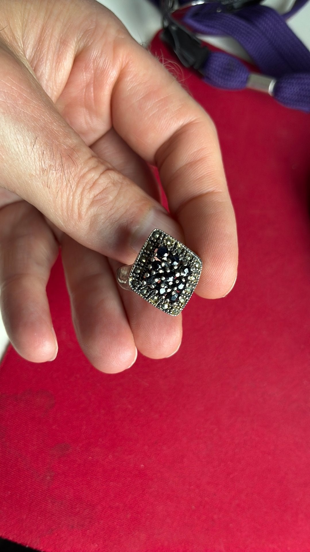 925 sterling zilver ring 19 mm granaatstenen en markasiet, Sieraden, Tassen en Uiterlijk, Ringen, Gebruikt, 19 tot 20, Ophalen of Verzenden