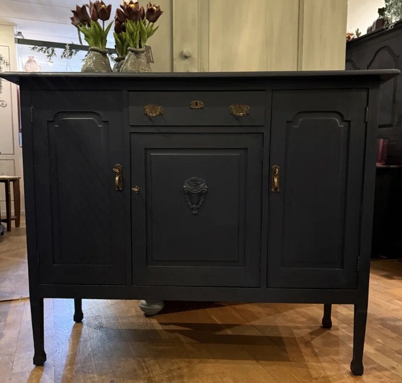 Antiek dressoir, vintage kast, oud buffet donkerblauw VdlM, Ophalen, Brocante buffetkast Chique blauw shabby chic Hollywood Regency