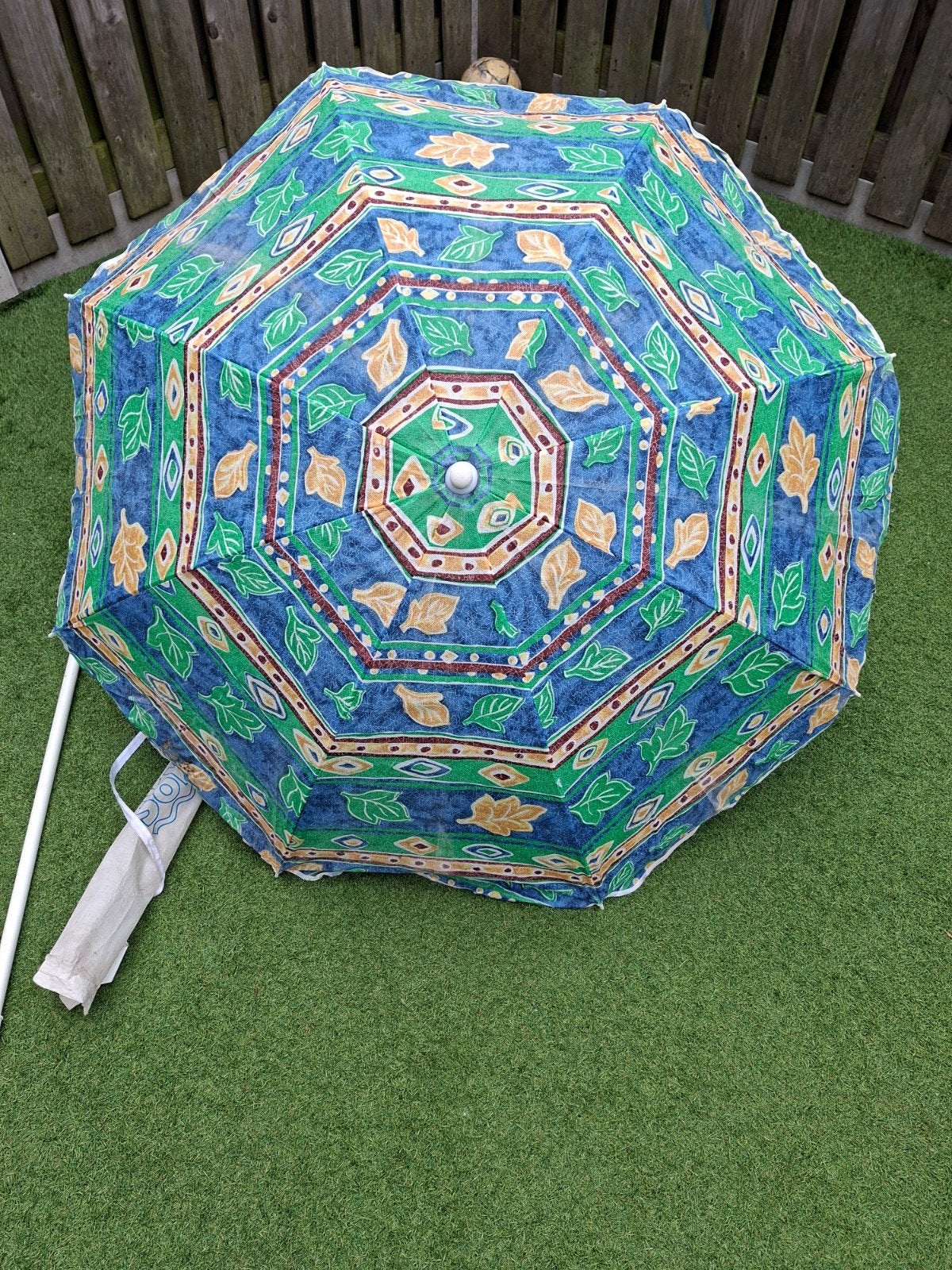 Solmar Strandparasol - Blauw/Groen Bladmotief, Ophalen of Verzenden, Gebruikt, 1 tot 2 meter, Strandparasol