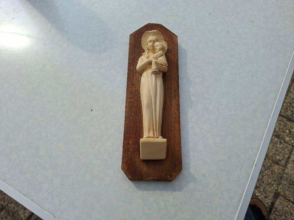 antiek maria beeldje met baby voor aan de muur, Antiek en Kunst, Antiek | Religie, Ophalen of Verzenden
