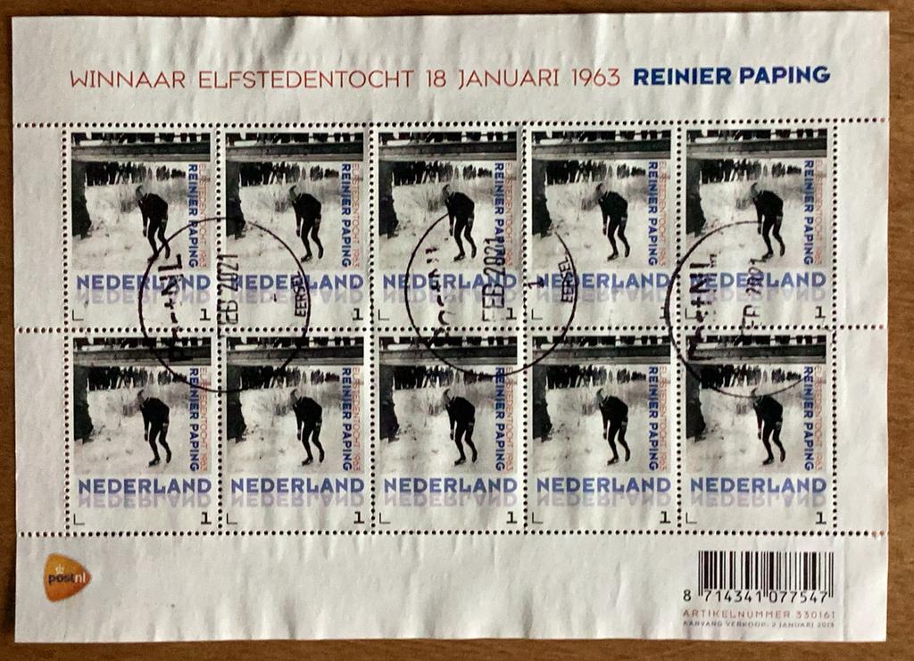 Blok schaatser Reinier Paping 11 steden tocht 1963, Postzegels en Munten, Postzegels | Nederland, Verzenden, Na 1940, Gestempeld