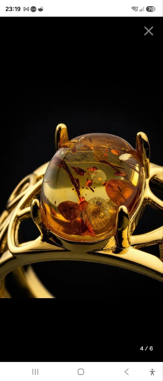 Goud gespoten zilveren ring met barnsteen en ingelegde bloem, Ophalen of Verzenden, Zo goed als nieuw, 17 tot 18, Dame of Heer