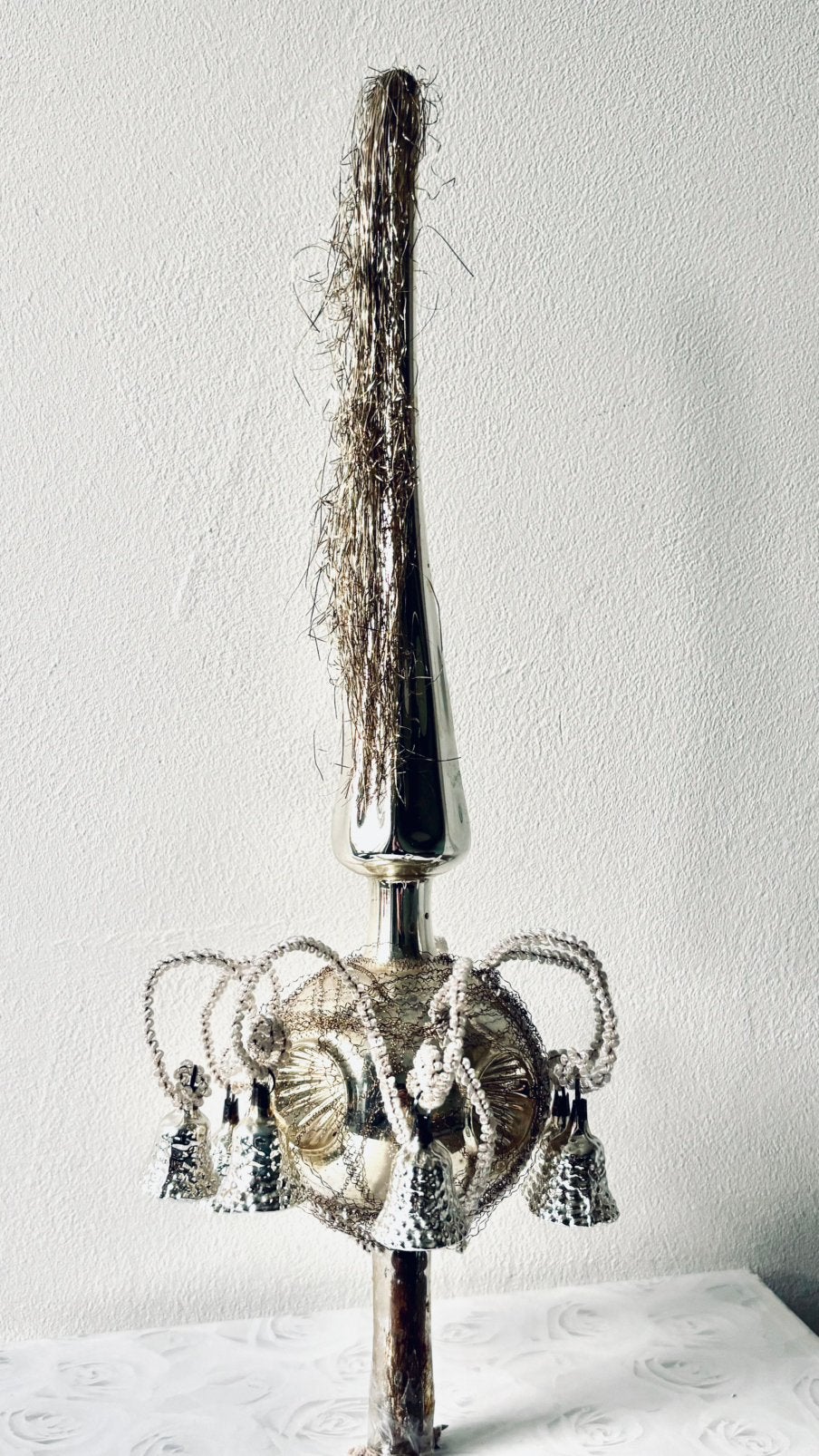 Antieke kerstboom piek met 8 belletjes spinsels deukglas, Diversen, Ophalen, Gebruikt