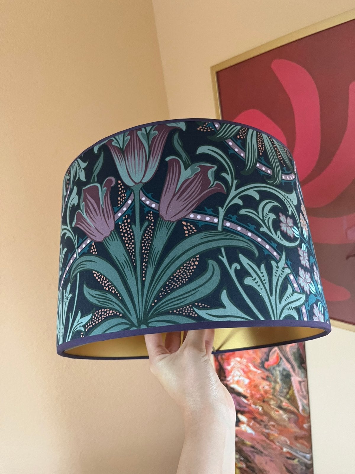 Lampenkap blauw groen roze william morris print velvet, Ophalen, Zo goed als nieuw, Blauw