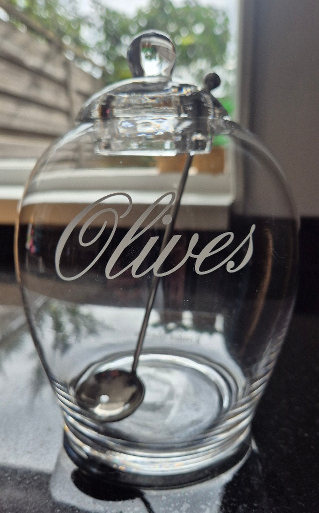 Glazen olijvenpot met lepel, Ophalen, Overige merken, Overige typen, Modern