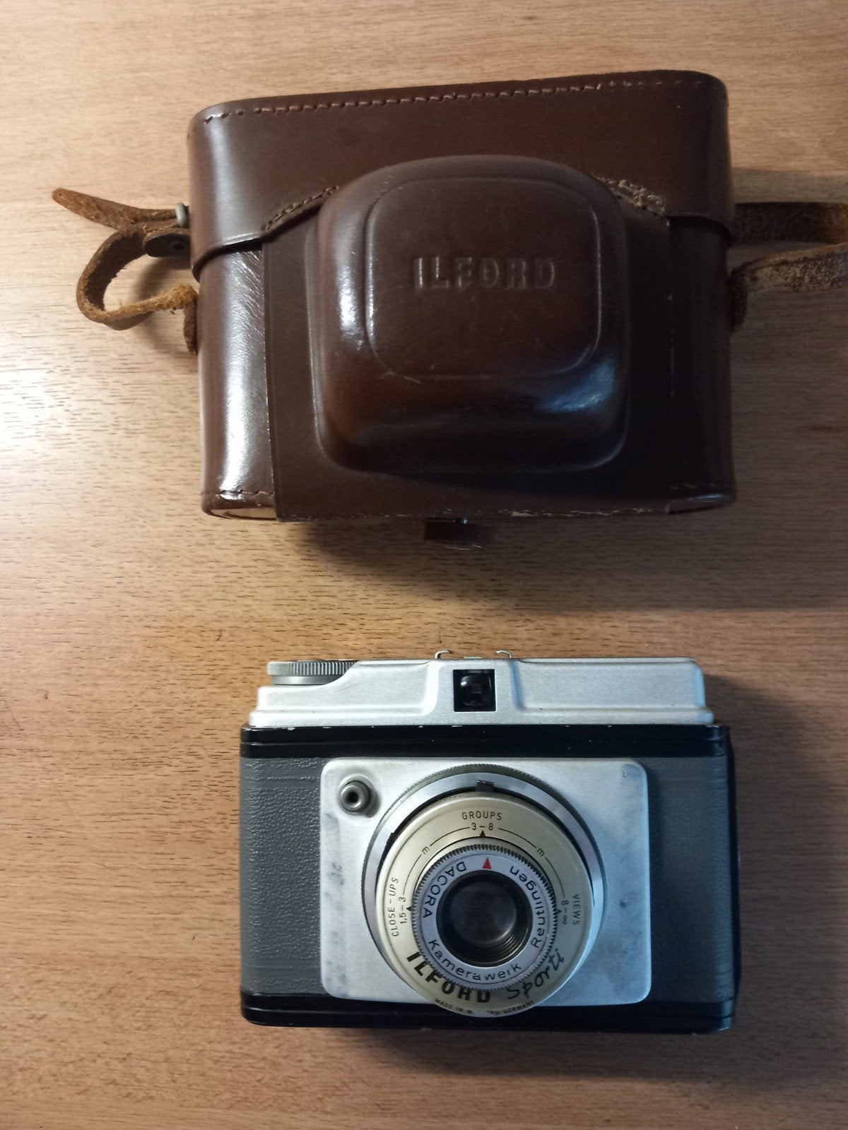 Ilford Sporti camera uit de jaren '80 met lederen tas, Ophalen of Verzenden, Gebruikt, Compact, Overige Merken