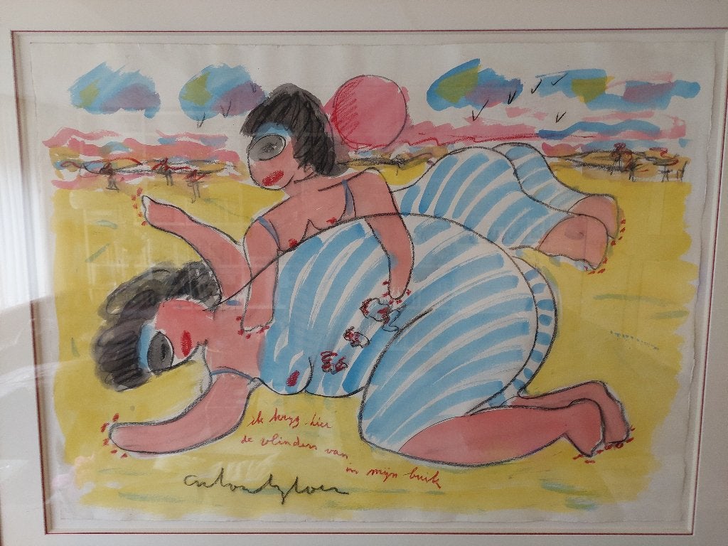 Anton Heyboer strand, Ophalen, Figuren, Gesigneerd, Papier/karton
