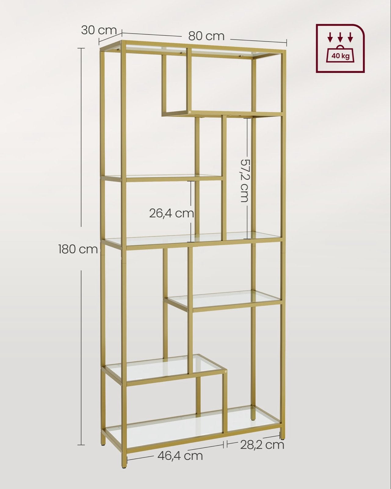 VASAGLE Luxe Gouden Vakkenkast Open Boekenkast met Glas, Met plank(en), Nieuw, Metaal, 150 tot 200 cm