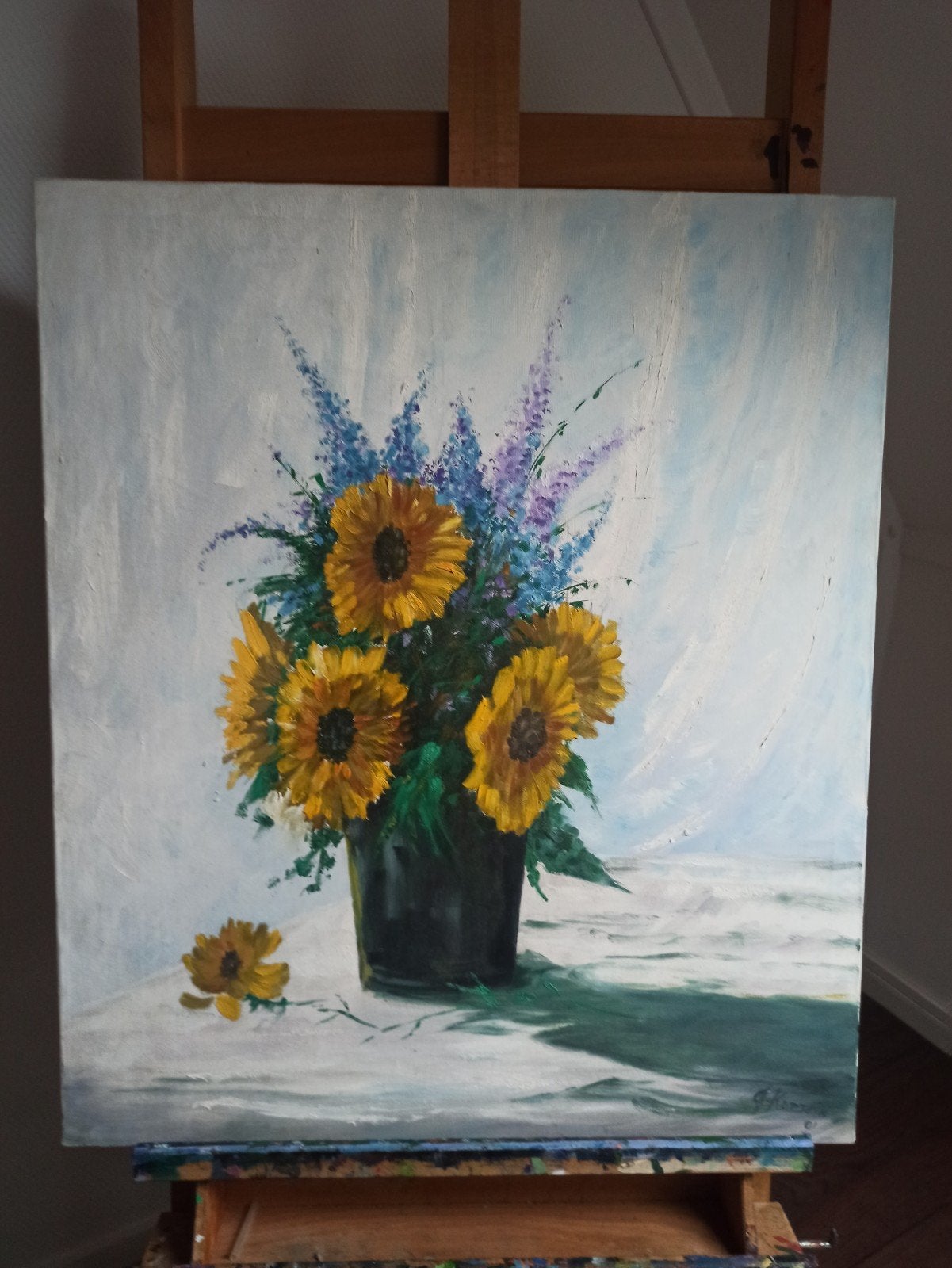 Schilderij Zonnebloemen en Lavendel in Vaas, Ophalen