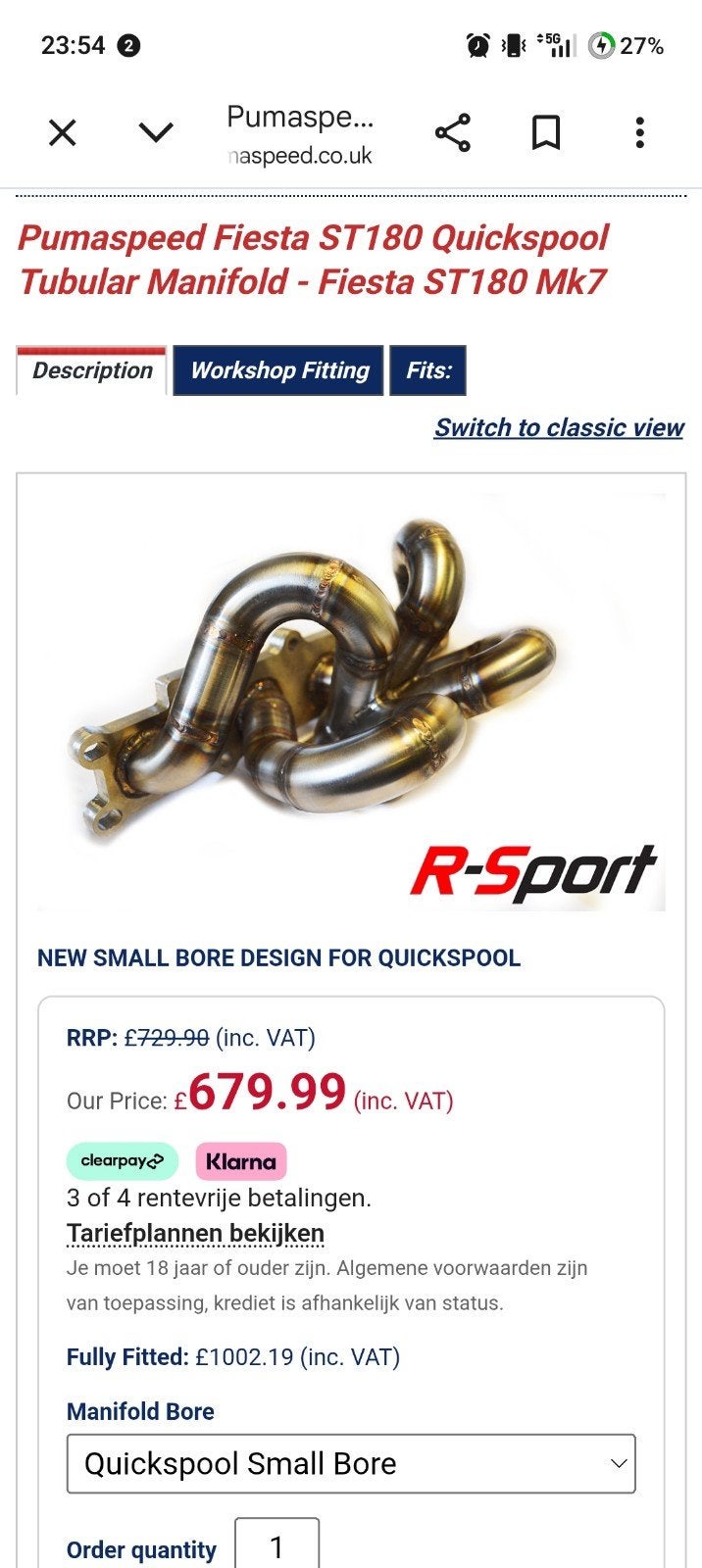 Pumaspeed Fiesta ST180 Quickspool Tubular Manifold - Fiesta, Ophalen