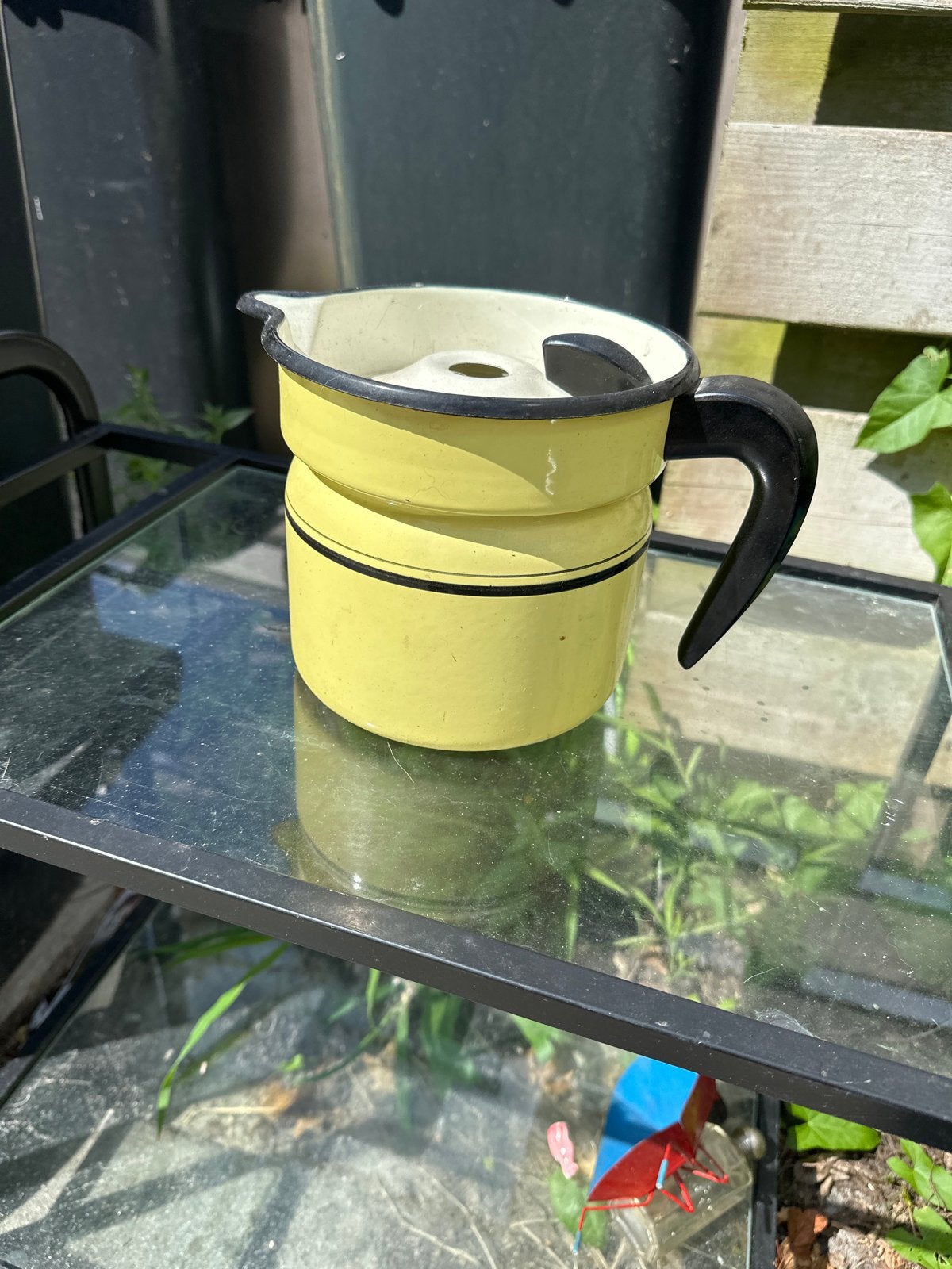 Vintage geëmailleerde kan/maatbeker - Geel, Ophalen