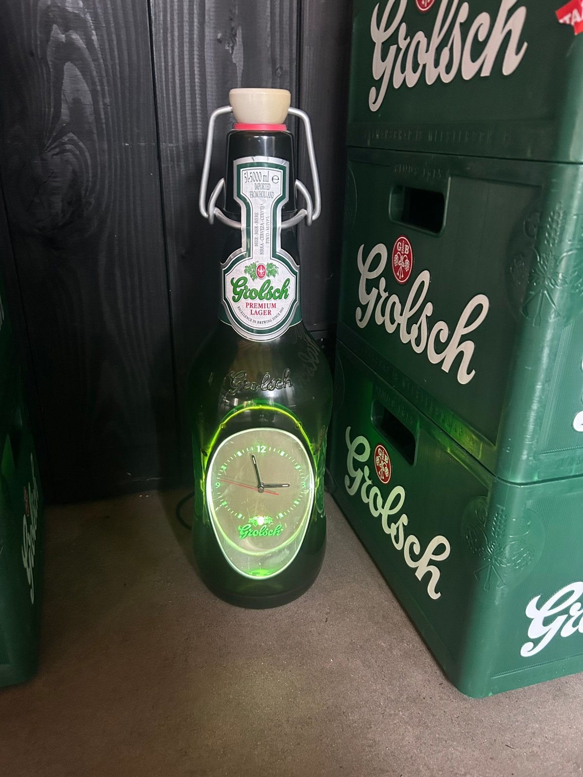 Grolsch 5l beugelfles klok met verlichting, Ophalen of Verzenden, Zo goed als nieuw, Reclamebord, Plaat of Schild, Overige merken