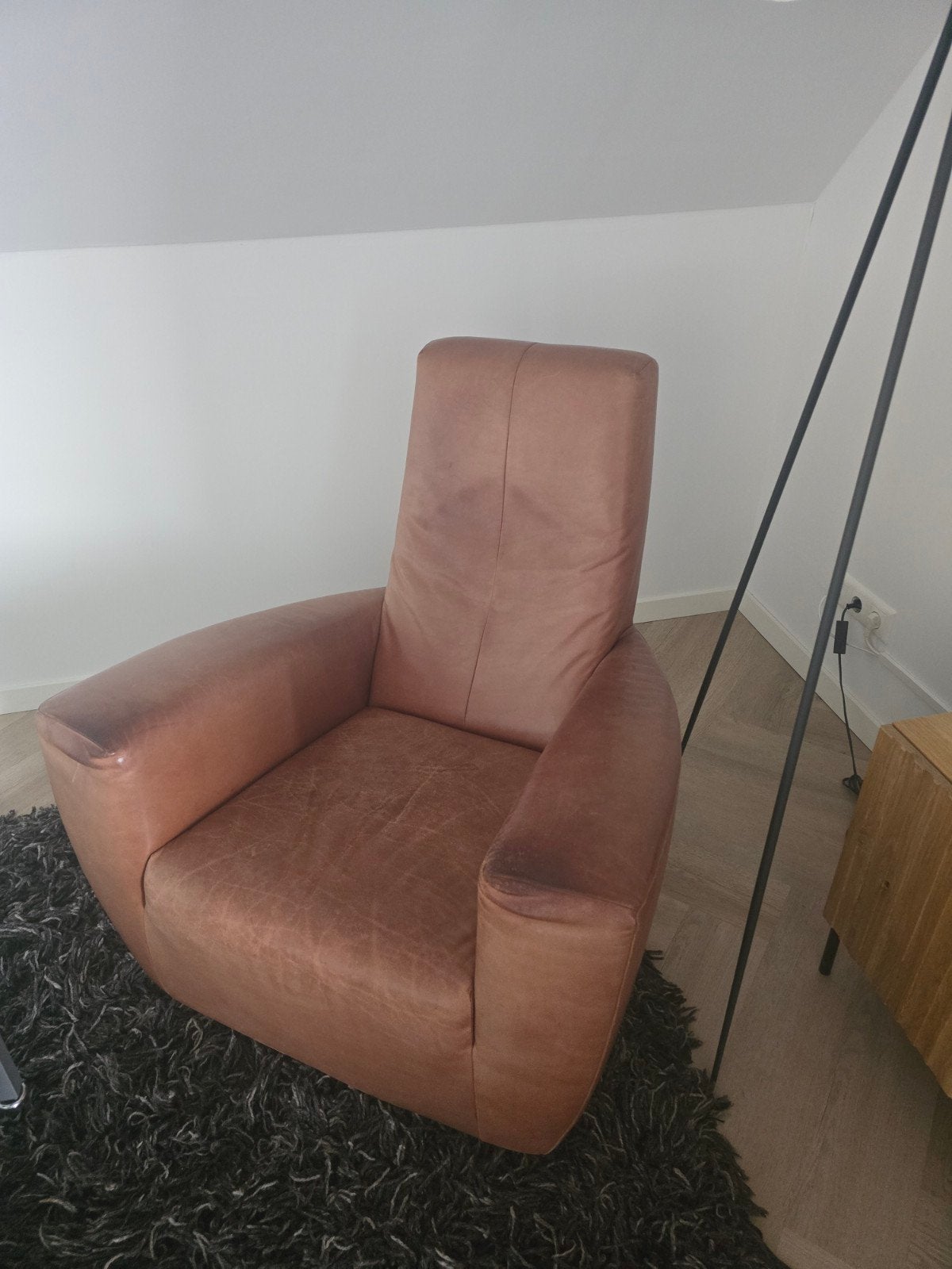 2 stuks Longa fauteuils  en poef, leer. Label G. vd Berg., Ophalen, Gebruikt, 50 tot 75 cm, Leer