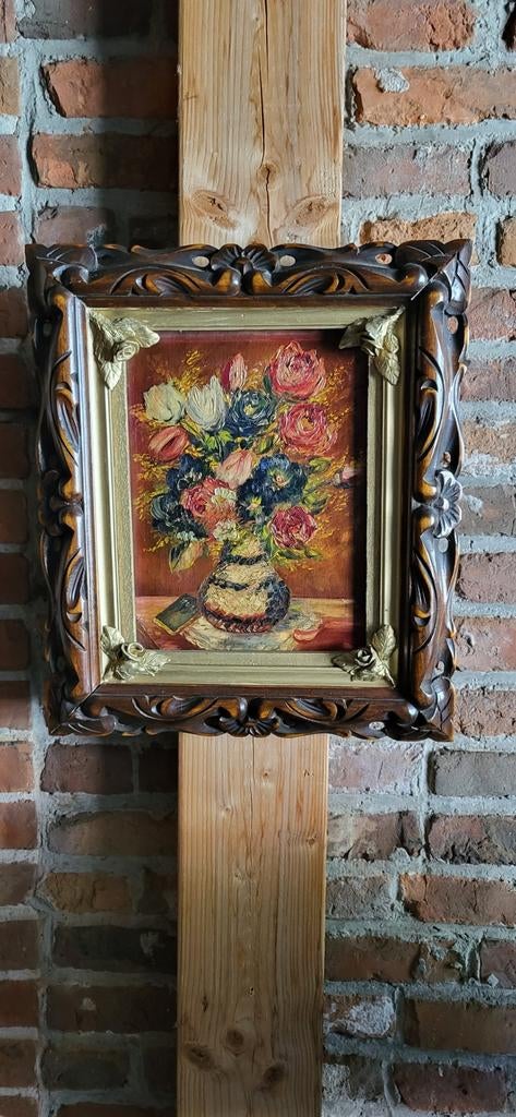 Olieverfschilderij Bloemen in Vaas met Barokke Lijst, Antiek en Kunst, Ophalen of Verzenden